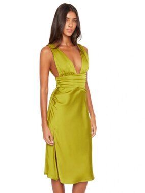 Guizio Satin Plunge Neck Midi Dress with Ruched Waist